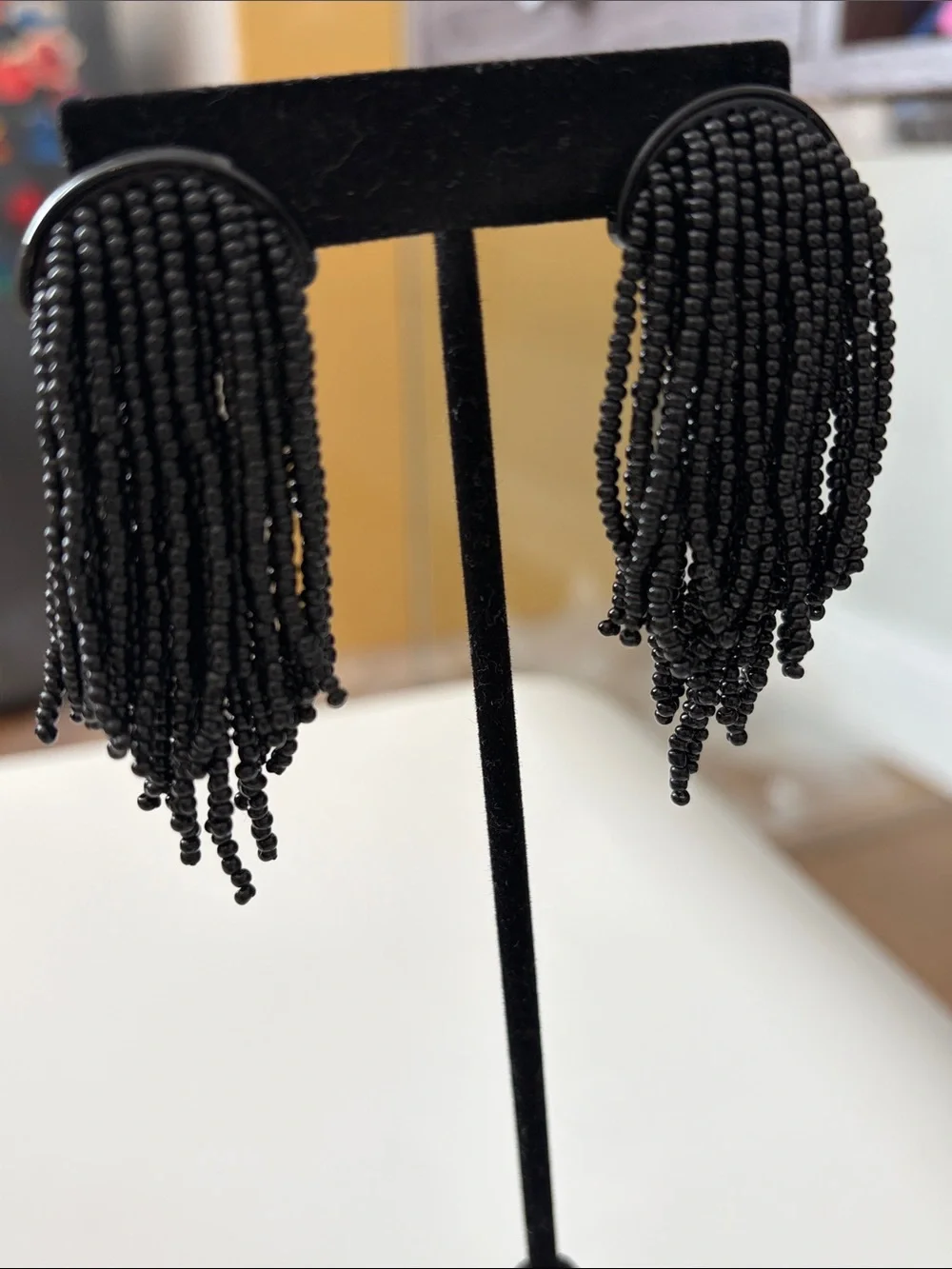 Black Beaded Fringe Drop Earrings - Women Jewelry